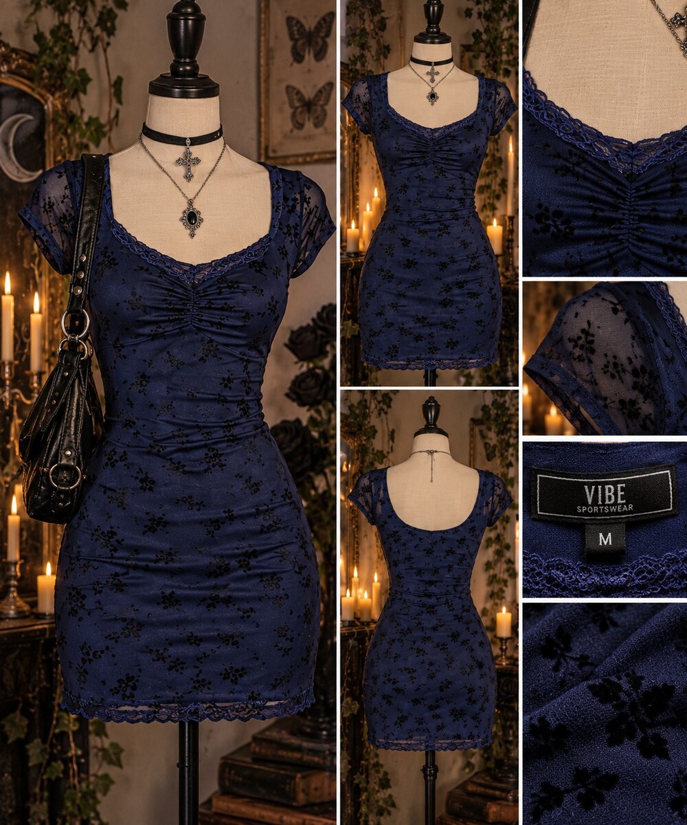 VIBE Navy Blue Black Flocked Floral Mesh Mini Dress Size M